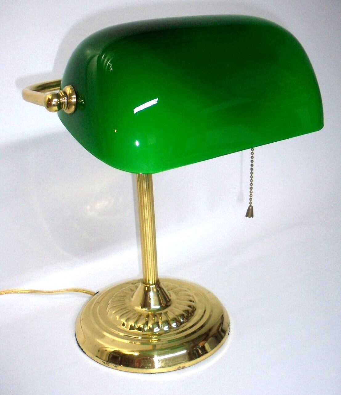 Vintage 12” Bankers Desk Lamp Emerald Green Glass Shade & Brass Base