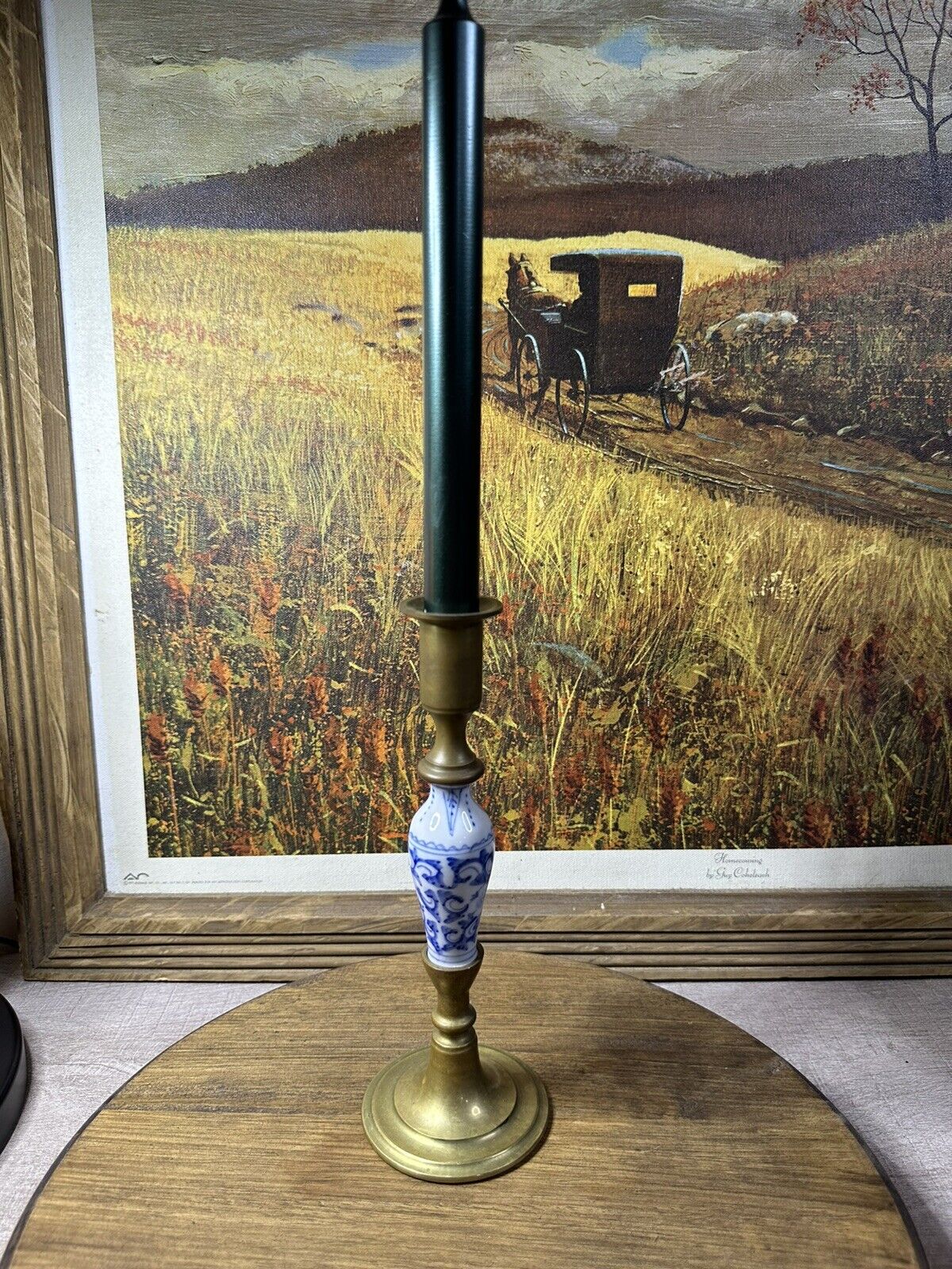 Vtg Delft  Brass Blue & White Porcelain 9.5” Candlestick Holder only One