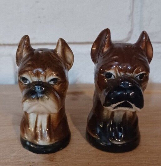 Adorable Boxer Dog Puppy Salt and Pepper Shakers Hand Decorated Japan Vintage