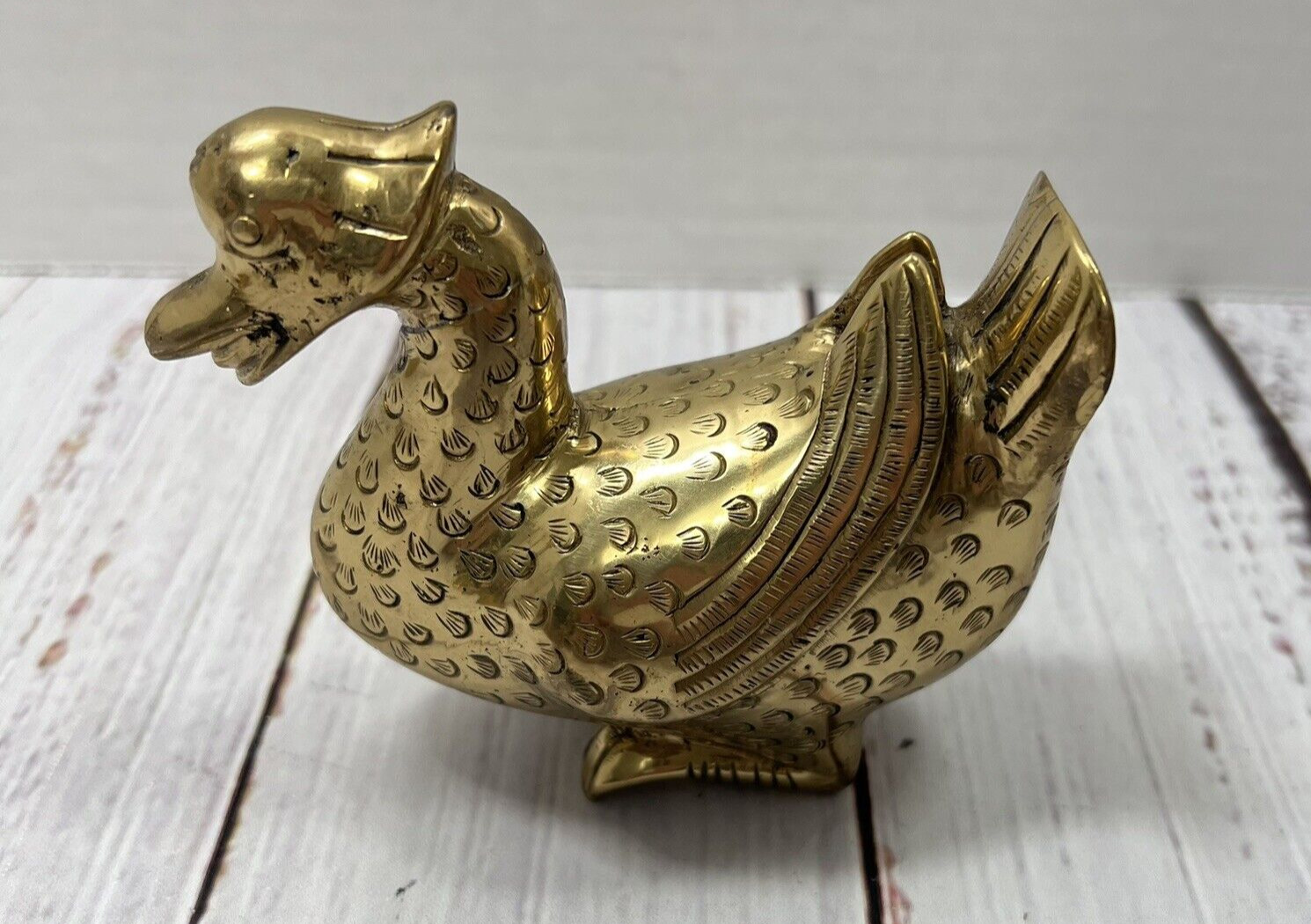 Vintage Brass Duck Goose MCM Paperweight Figure Carved Detailed Decor READ