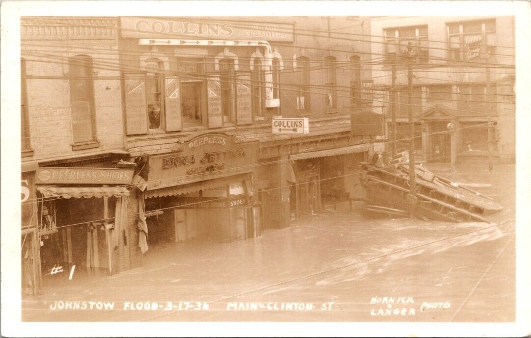 RPPC Johnstown PA Main St 1936 Flood Peerless Hornick Langer photo postcard IQ11