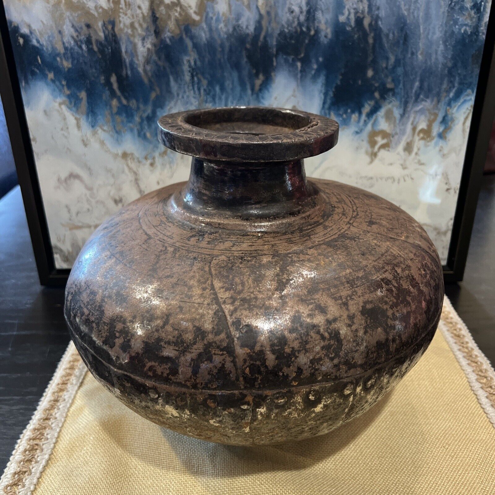 Very Old Antique Look Metal Vase Jug Vessel Patina Large Heavy 7.5lb 10.5x9.5