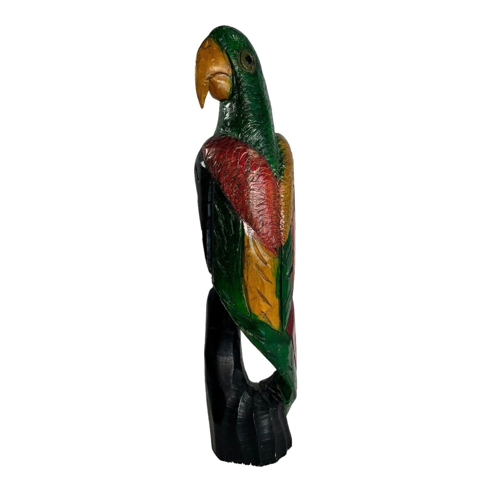 Vintage Hand Carved Wood Parrot Hand Painted Figurine 16.5” Tall Tropical Tiki