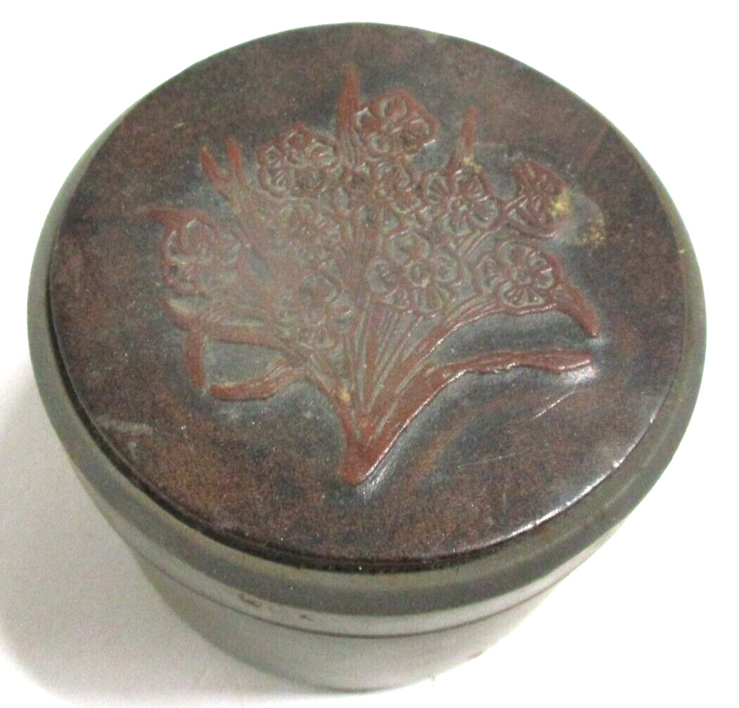 Small Vintage Tin Container, Floral Leather Top