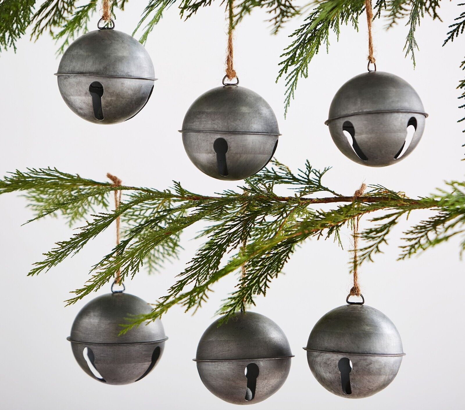 Pottery Barn Jingle Bell Ornaments Silvertone Set of 6 NEW IN BOX