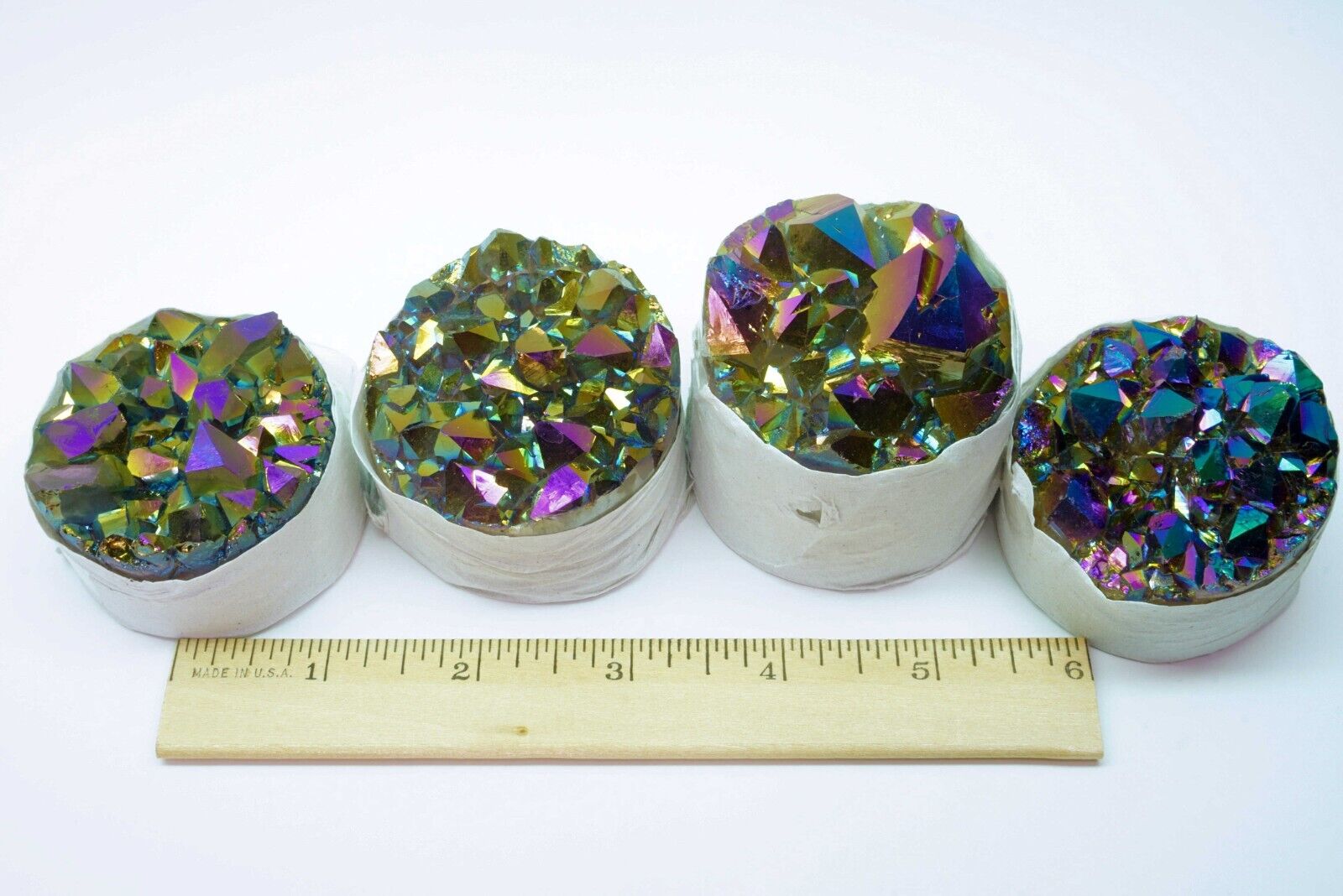 Rainbow Aura Amethyst Cluster 4 Pieces Titanium Crystal Round Polished Edge