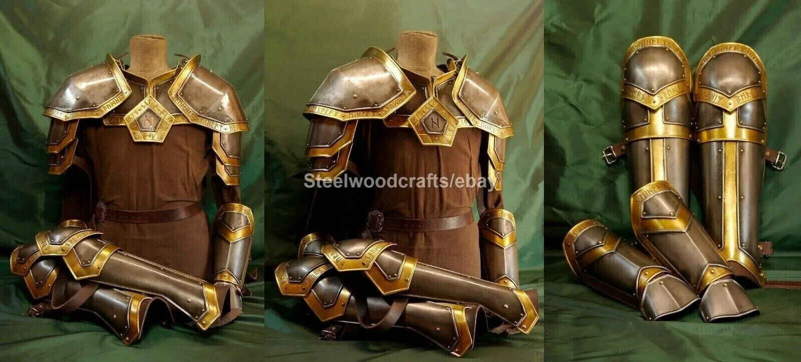 Medieval LOTR Elven Dwarf Armor Pair Of Pauldrons w Gorget Bracers & Leg Greave