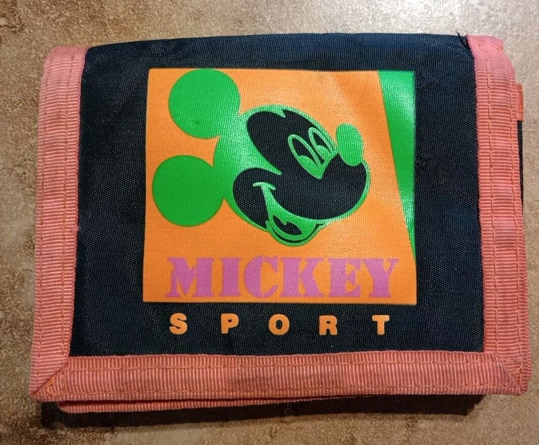 Vintage Disney Mickey Mouse Sport Wallet Neon Orange/Green  ( RARE half fold) 