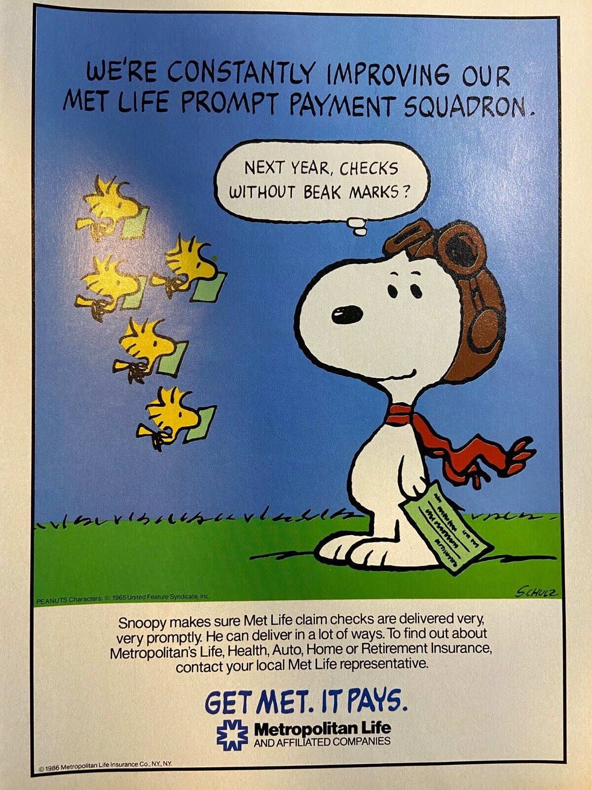 1986 Met Life Advertisement Snoopy Woodstock Checks Without Beak Marks