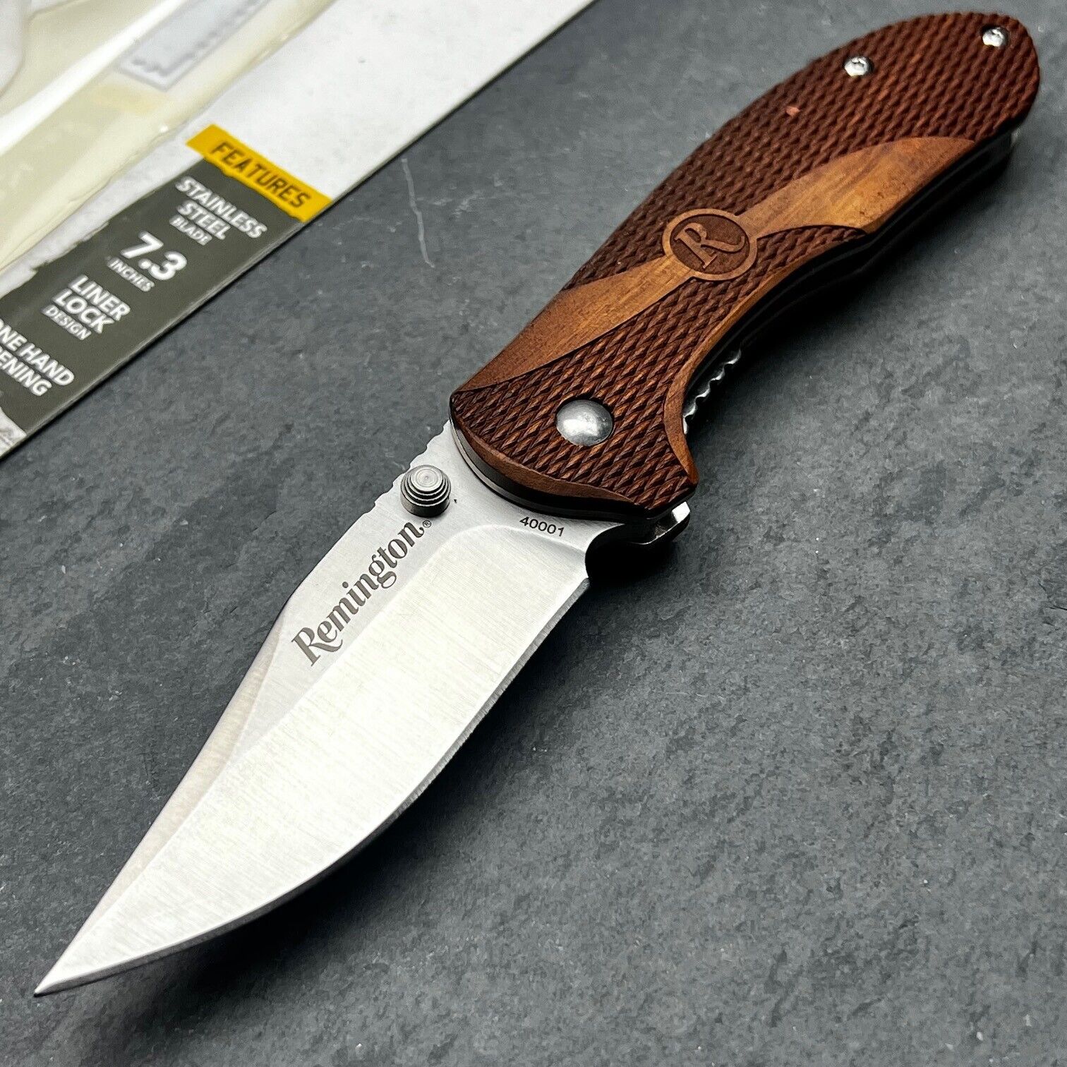 REMINGTON Checkered Brown Wood Heritage Series EDC Folding Blade Pocket Knife