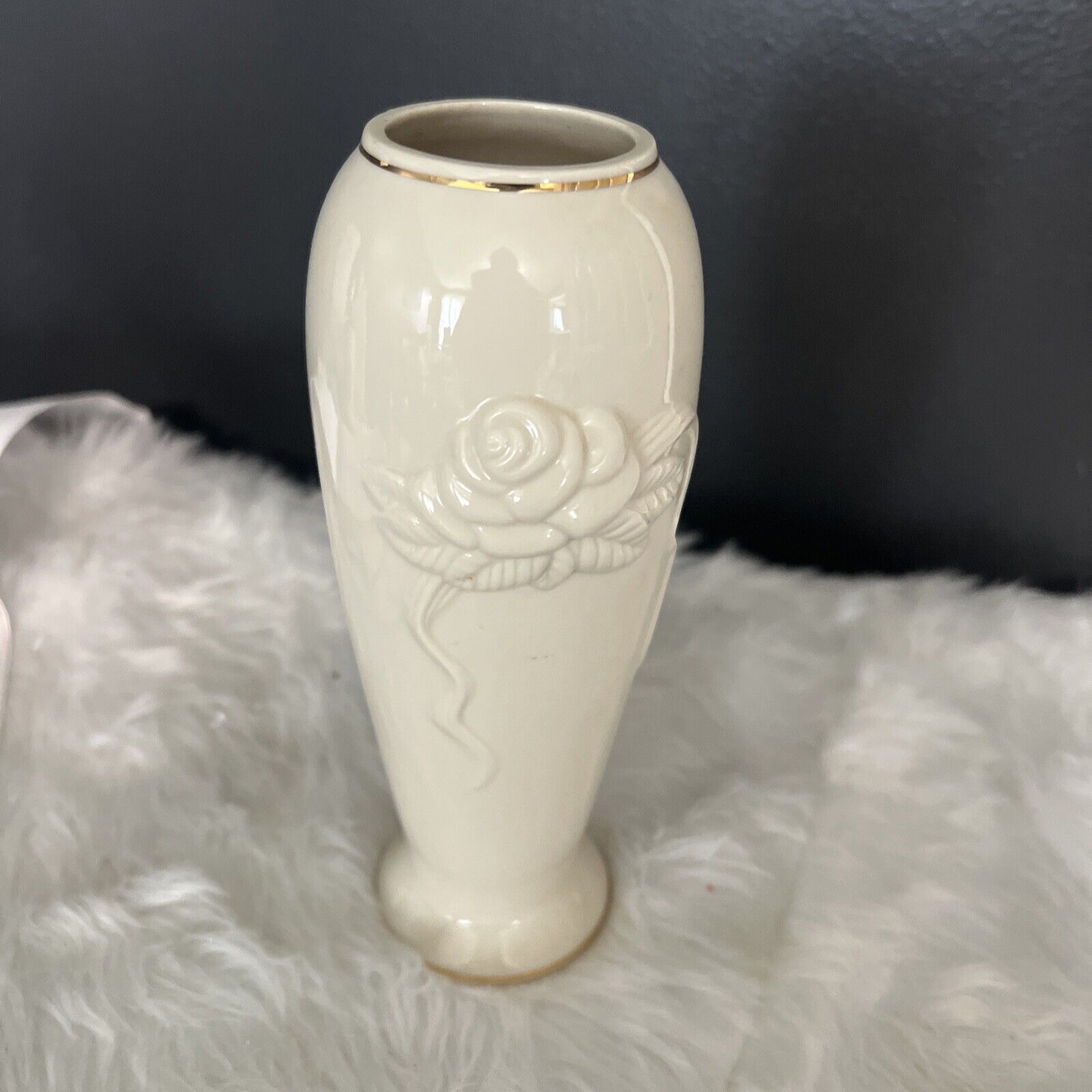 Beautiful Off White Lenox Vase w/ Gold Trim  Porcelain Raised Rose Design