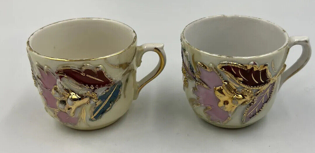 Vintage Erphila Lusterware Raised Mini (2) Teacups Germany Gold Trim Floral READ