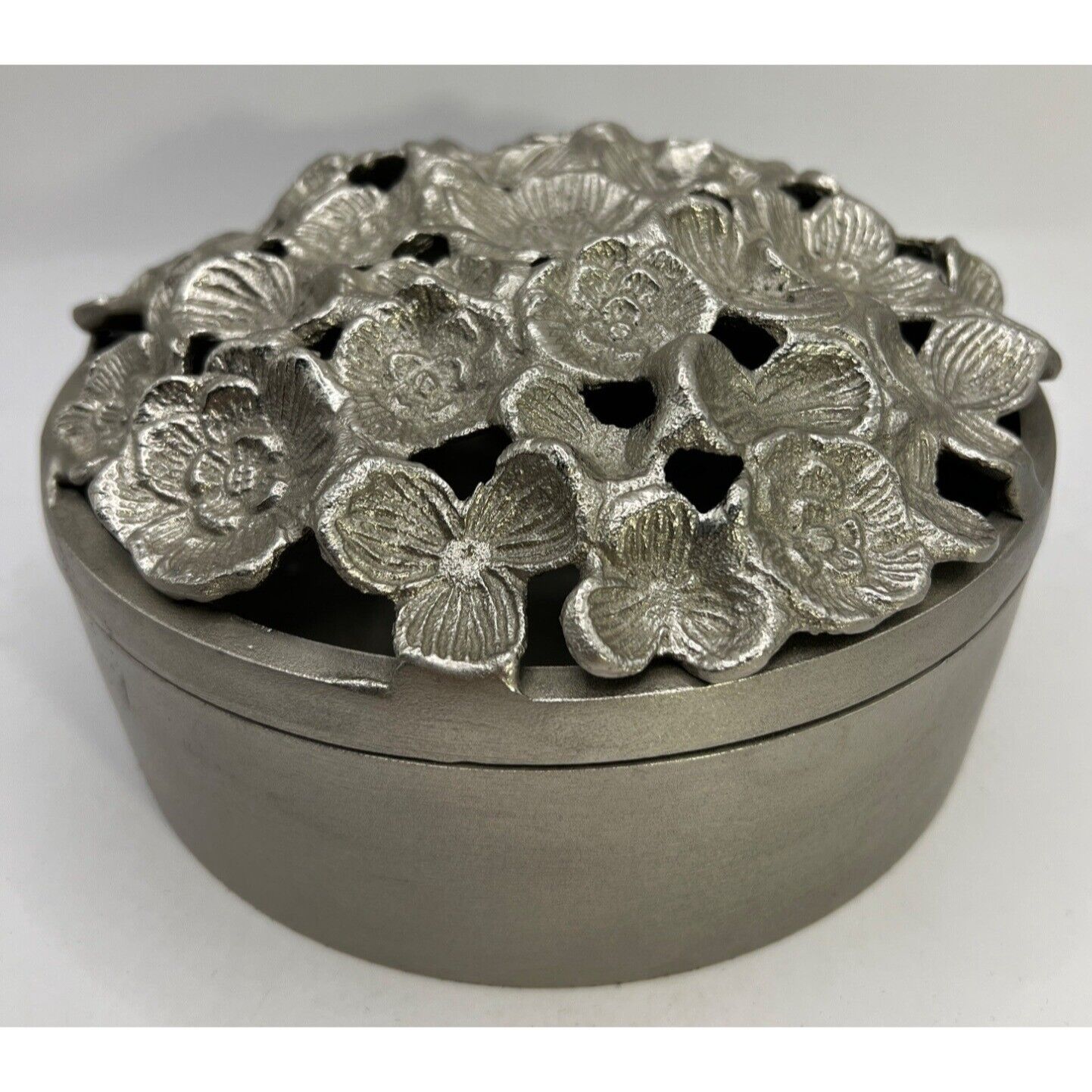 Solid 2 Piece Pewter Container W/ Lid Decor 3D Cutout Flowers, Dogwood Blooms