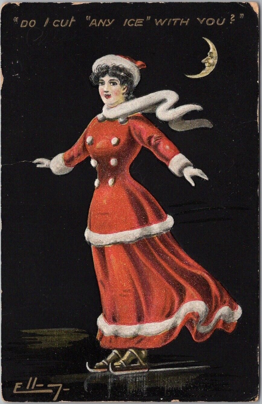 c1910s Artist-Signed William ELLAM Pretty Lady Postcard Ice Skating Moon UNUSED