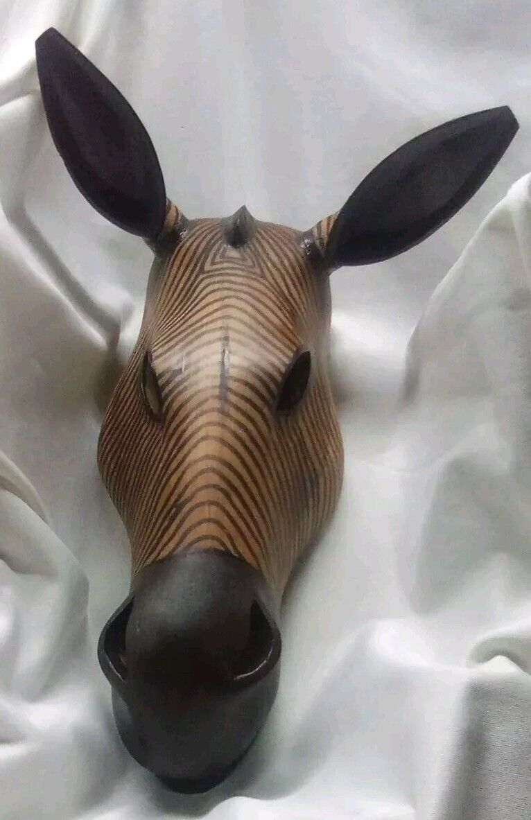 Vintage Hand Carved & Painted Wood African Zebra Mask Wall Hanging Decor 