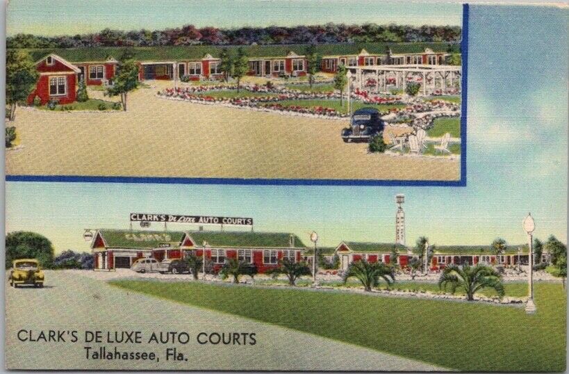 c1950s Tallahassee, Florida Postcard CLARK'S DE LUXE AUTO COURTS Roadside Linen