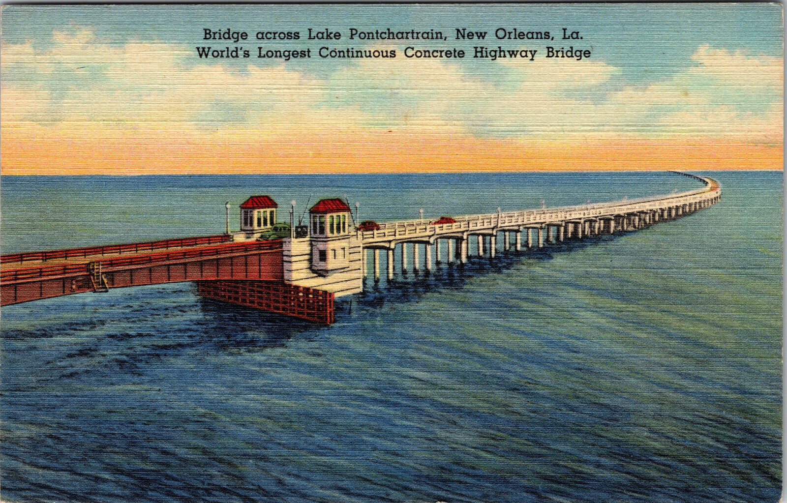 Postcard Bridge Across Lake Pontchartrain New Orleans Louisiana Linen Card