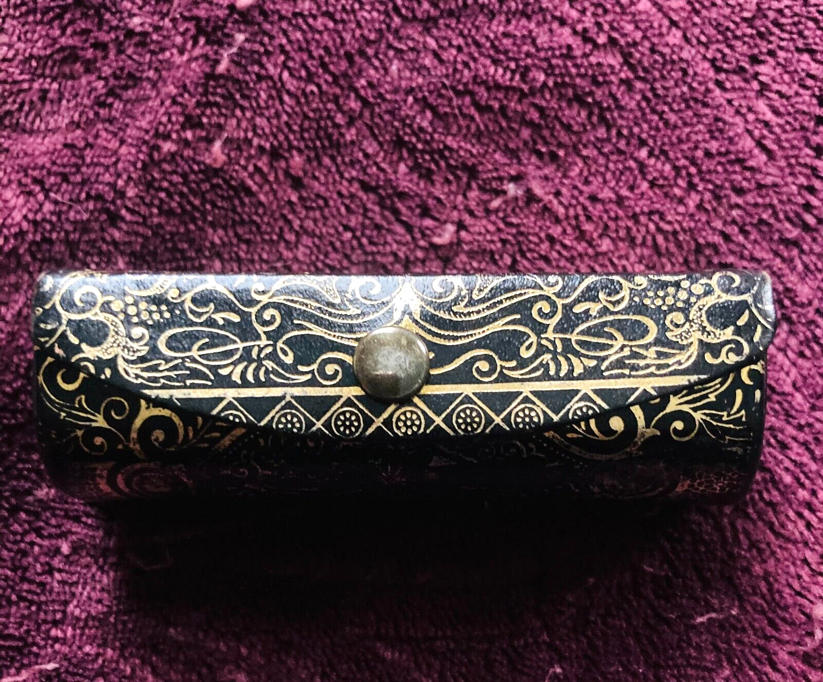 Vintage Italian Leather Lipstick Case, Gold Ornate Designs, MirrorInside, 3.5”