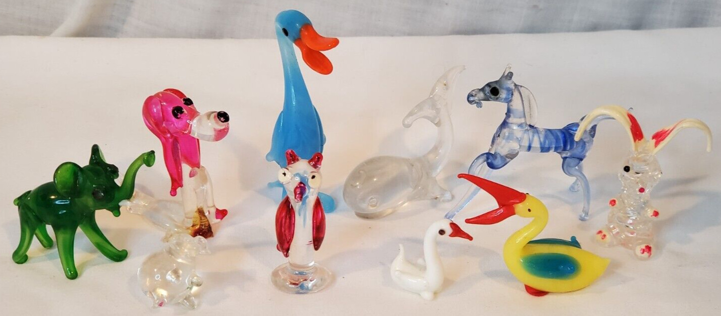 VINTAGE Miniature Animals Hand Blown Art Glass Tiny Figures 1''-2.5'' Lot Of 10