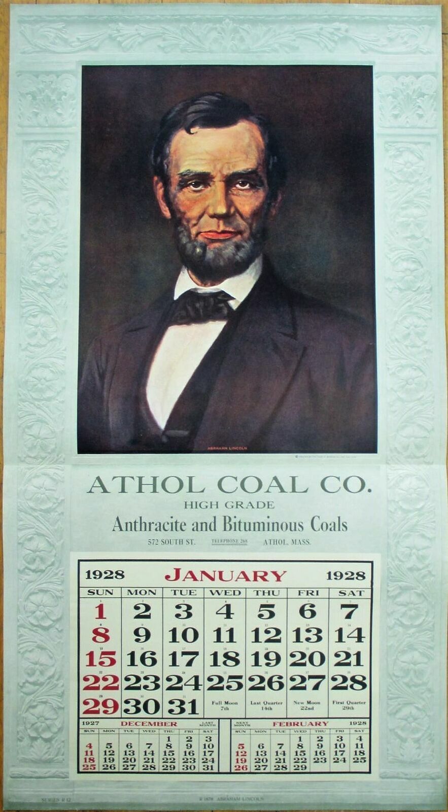 Athol, MA 1928 Advertising Calendar 16x29 Poster, Coal Abe Abraham Lincoln, Mass