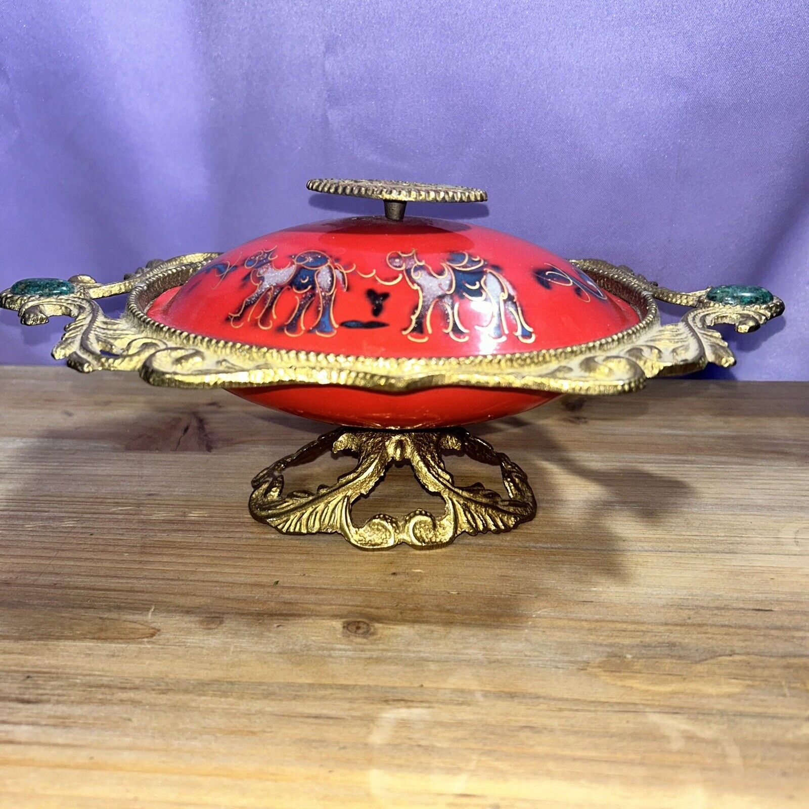 Brass Enameled Is real Hand painted Pedestal Fruit Dish/Bowl With Lid Jerusalem