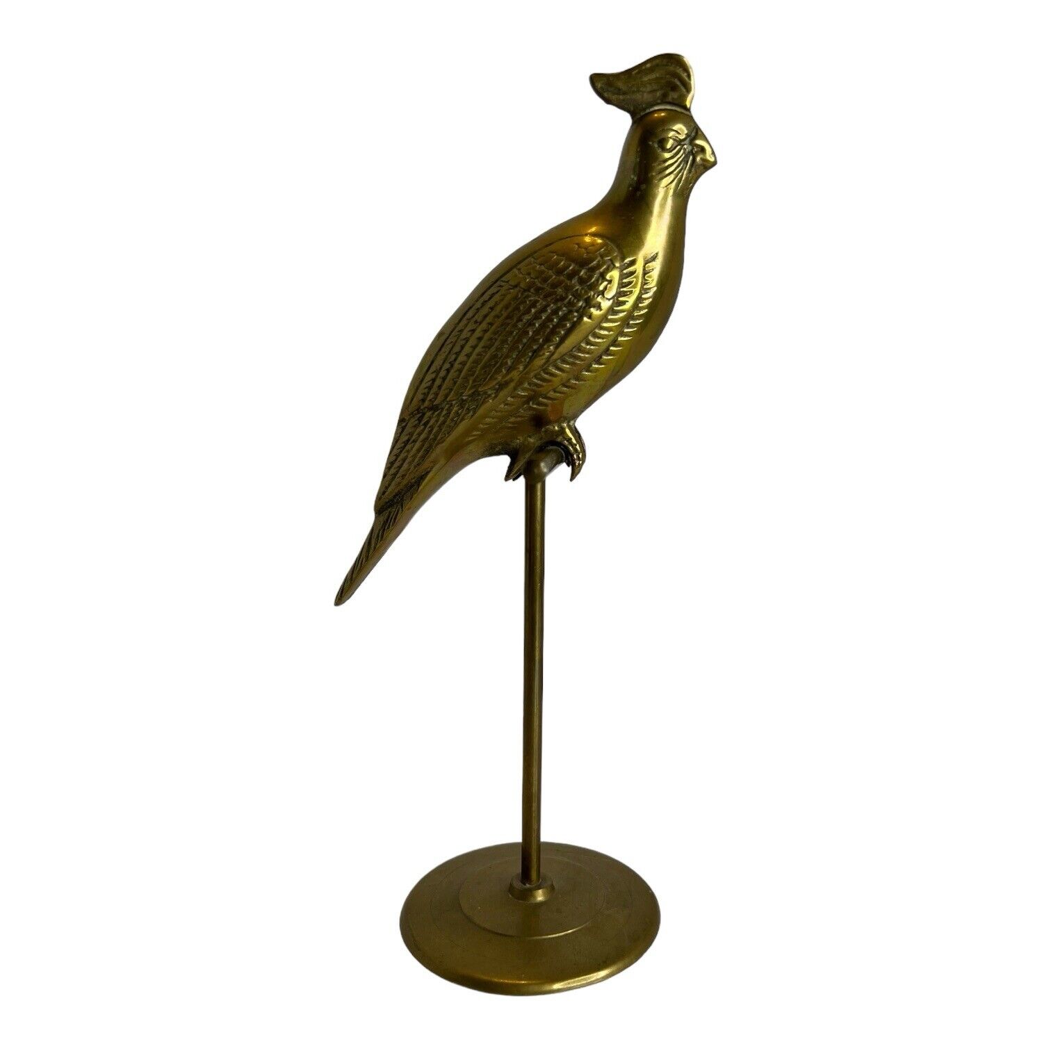 Vtg MCM Brass Cockatiel Bird on Perch. 10” Tall