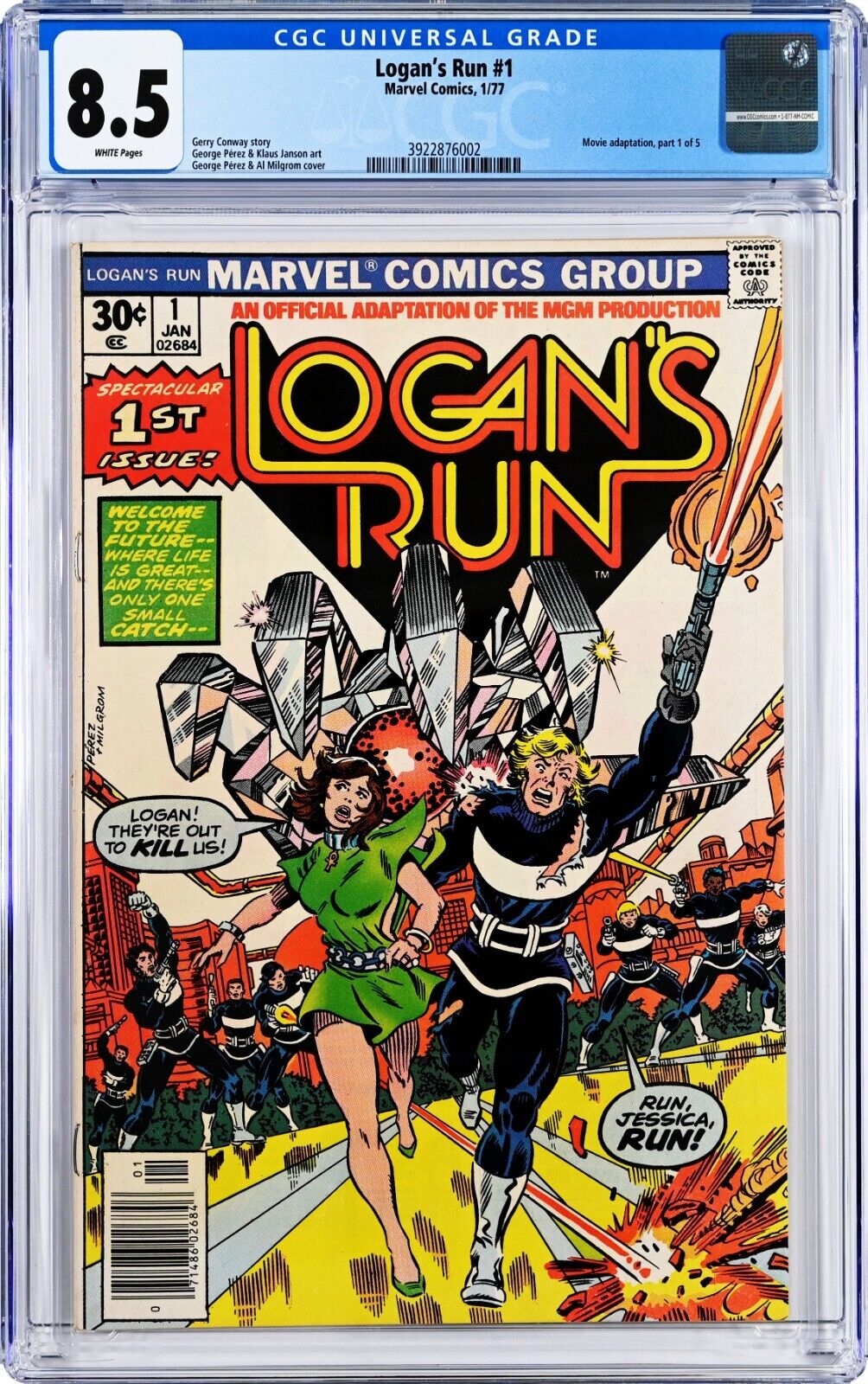 Logan's Run #1 CGC 8.5 (Jan 1977, Marvel) Movie Adaptation, Al Milgrom Cover