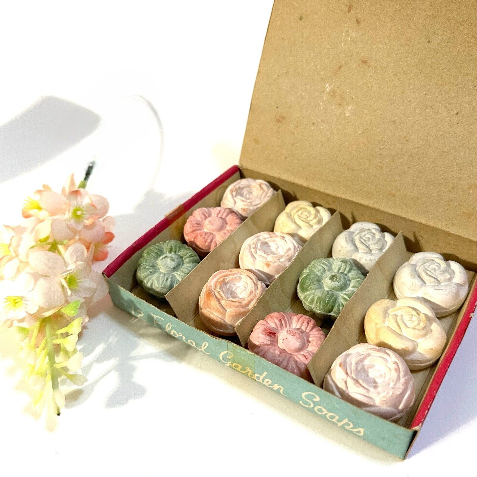 VINTAGE FLOWER SHAPED GUEST SOAPS SET OF 12 Colorful In Original Box -Hong Kong