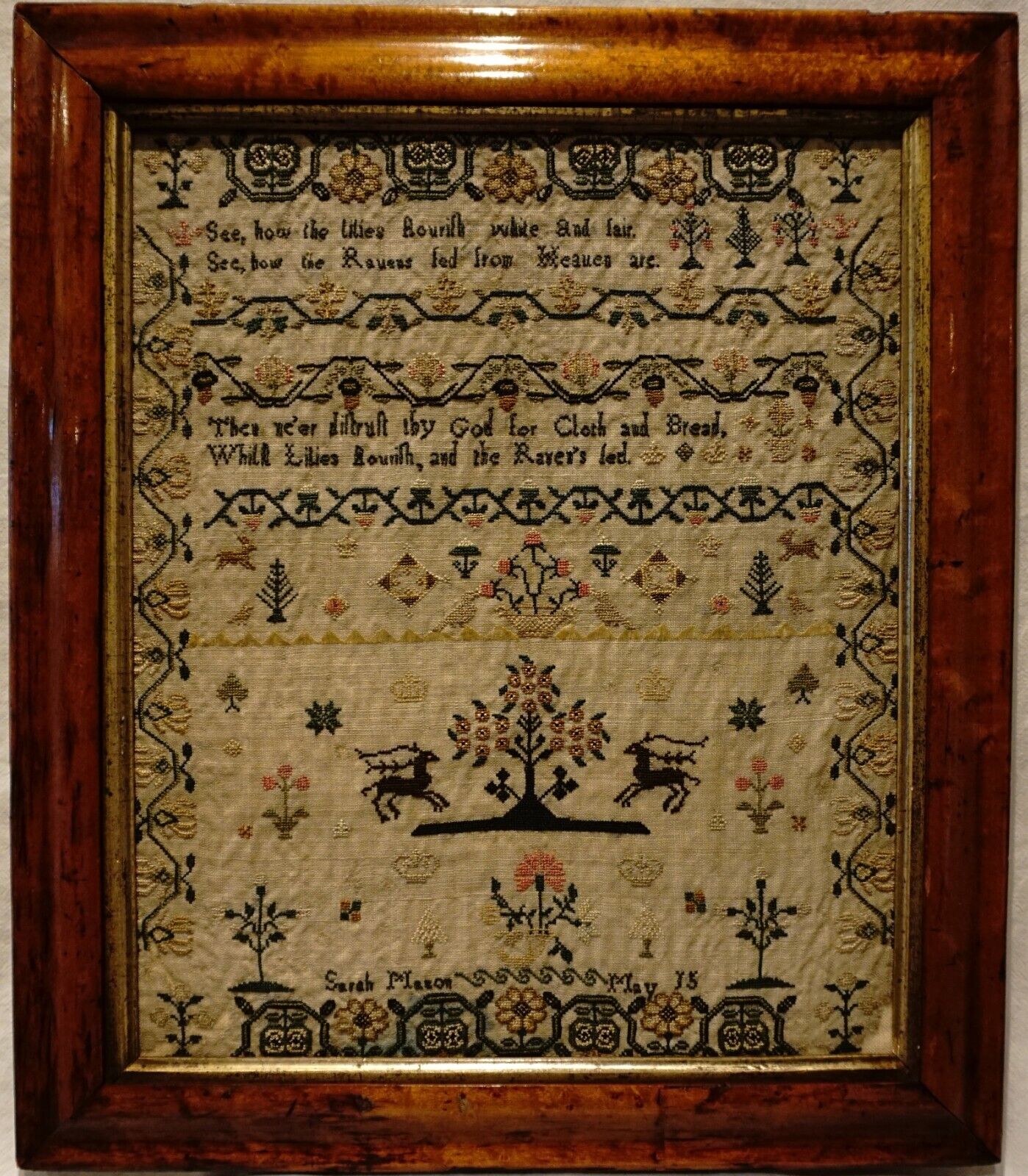 EARLY/MID 19TH CENTURY STAGS, MOTIF & VERSE SAMPLER BY SARAH MASON - c.1845