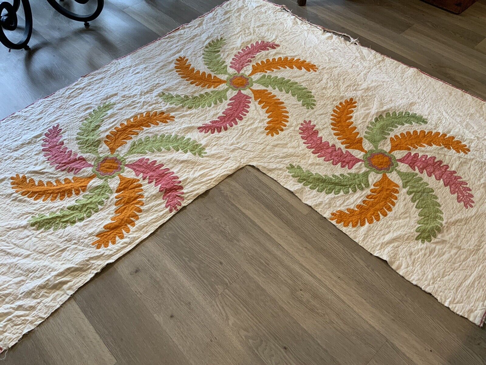 Antique Appliqué Flower & Leaf Quilt, 1880’s, Red, Cheddar, Green, Cutter, As Is