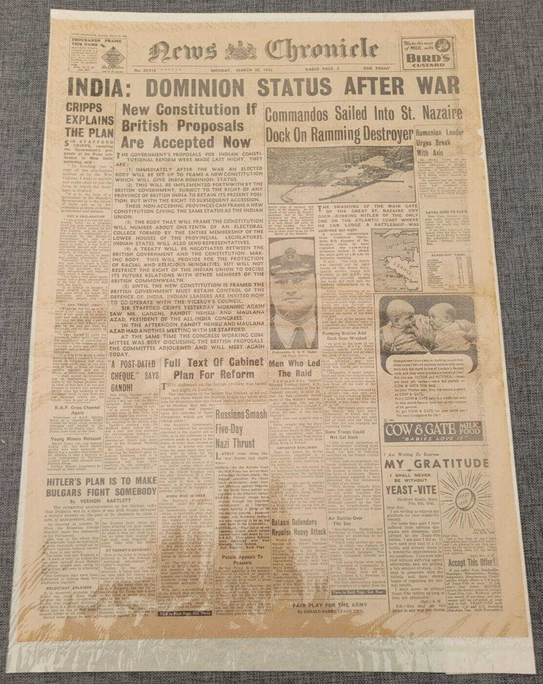 NEWS CHRONICLE INDIA DOMINION STATUS AFTER WAR GHANDI 30TH MARCH 1942 NEWSPAPER