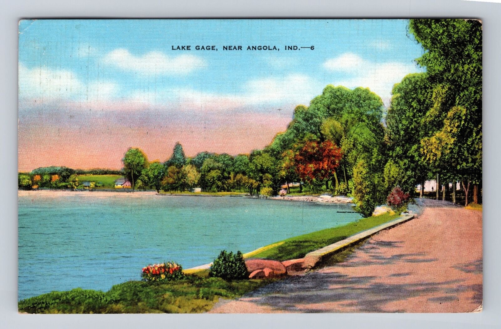 Angola IN-Indiana, Scenic Roadway Around Lake Gage, Vintage c1948 Postcard