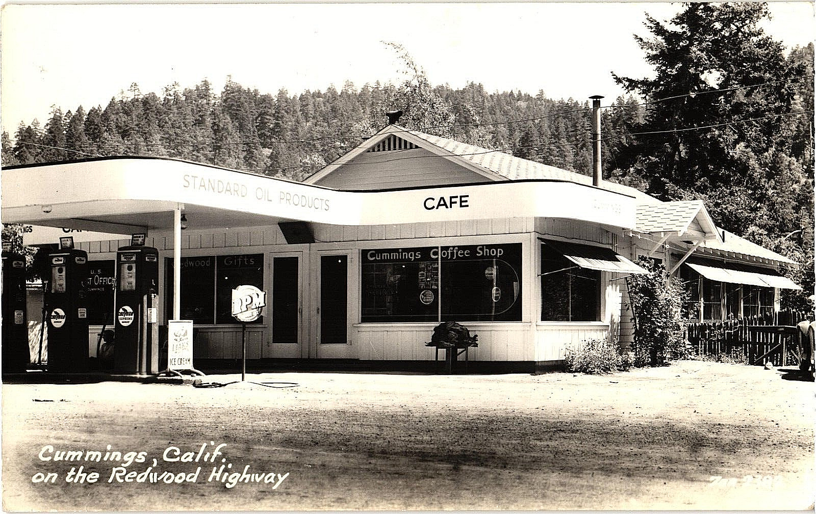 Real Photo RPPC Postcard Cummings Coffee Shop Standard Gas Redwood Hwy CA c1940s