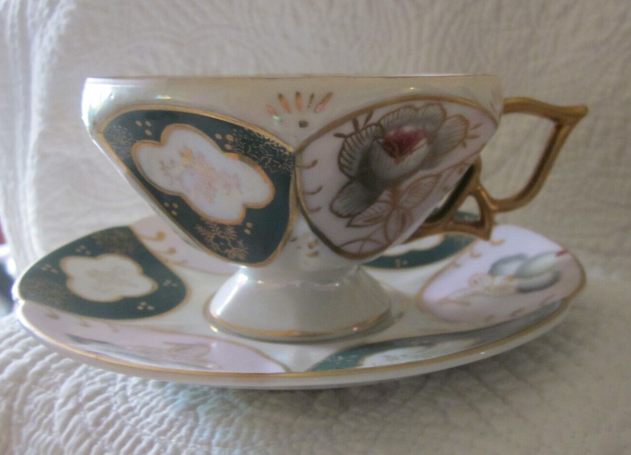 Antique Hand Painted Tea Cup & Saucer on Lusterware Germany
