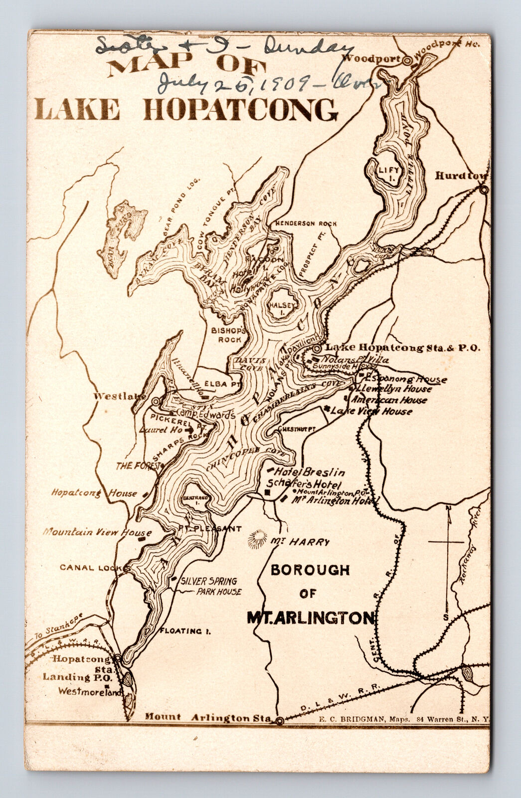 c1909 RPPC Map of Lake Hopatcong Mt Arlington New Jersey NJ Postcard