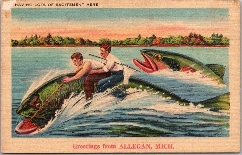 ALLEGAN Michigan Fishing Exaggeration Linen Comic Postcard 