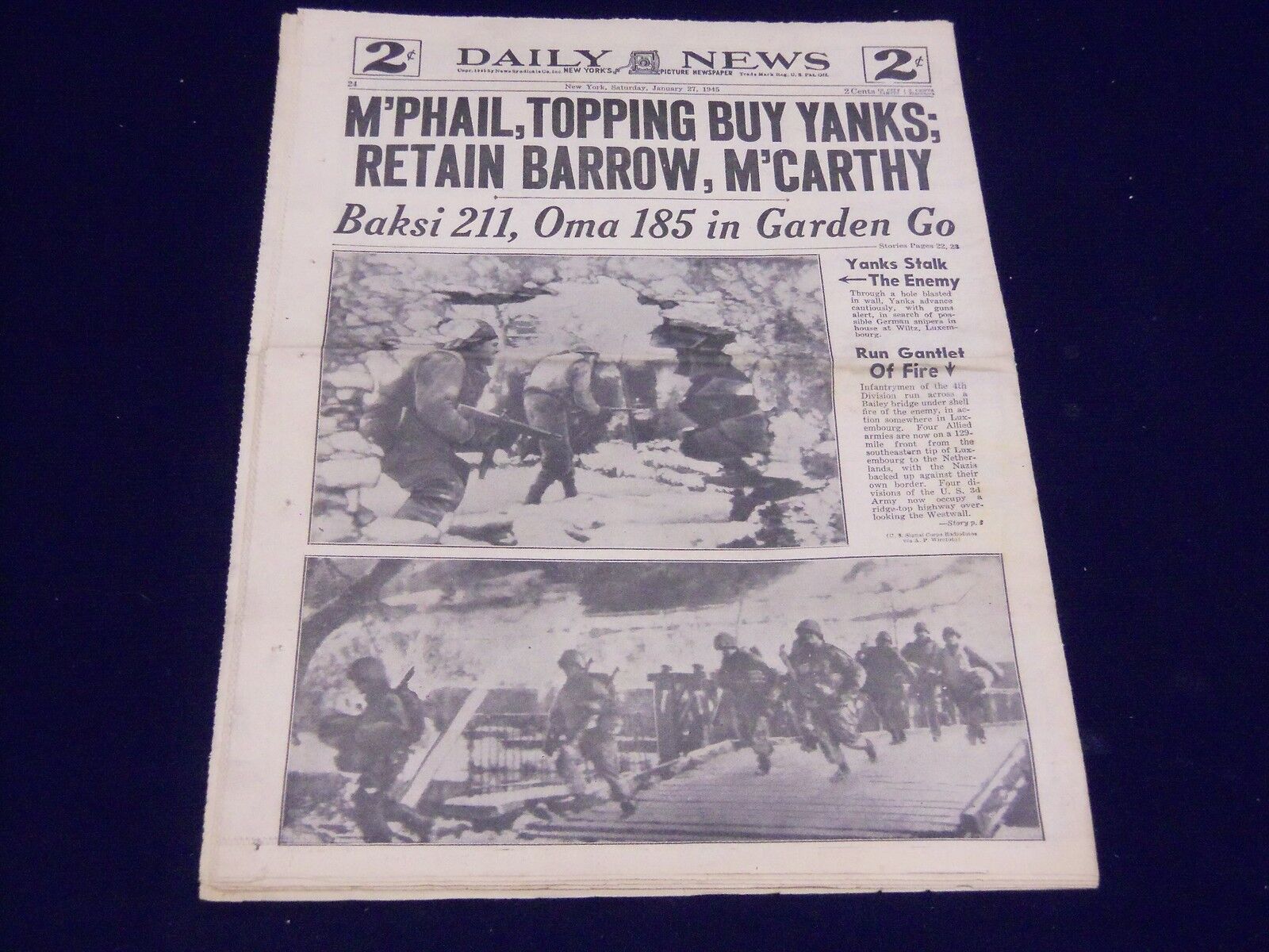 1945 JANUARY 27 NEW YORK DAILY NEWS - M'PHAIL TOPPING BUY YANKS - NP 1983