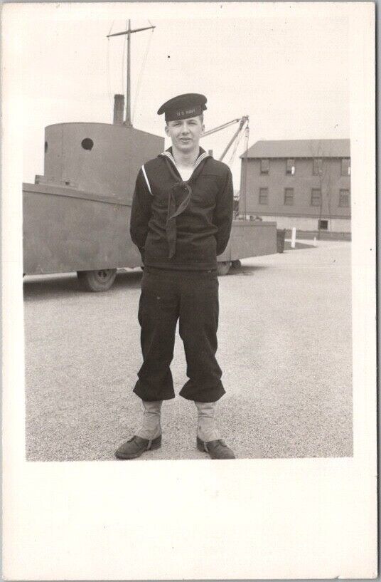 1940s WWII Military Real Photo RPPC Postcard Young Sailor in U.S. Navy Uniform