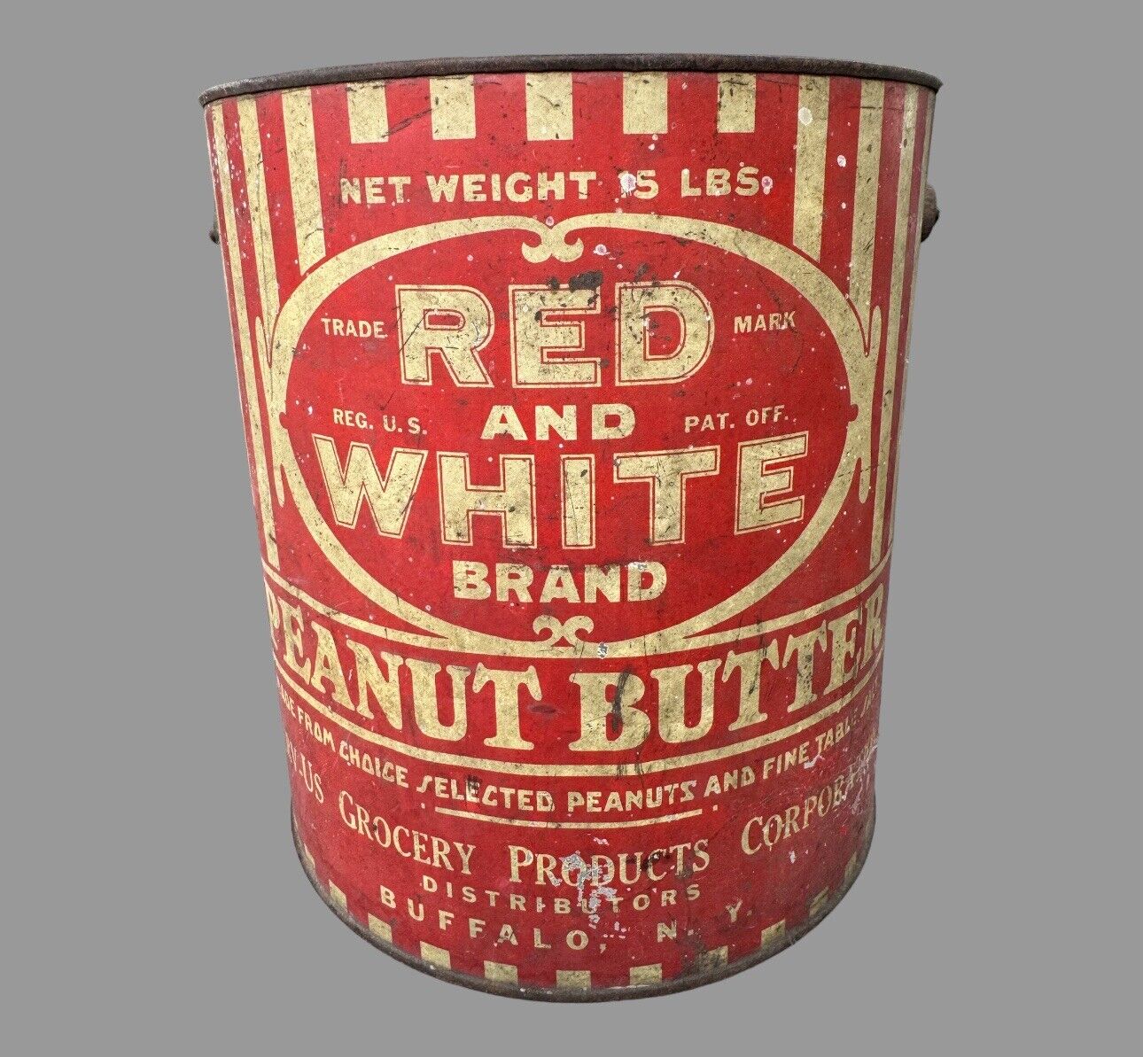 Vintage 5 Pound Red & White Brand Peanut Butter Advertising Can Pail Buffalo NY