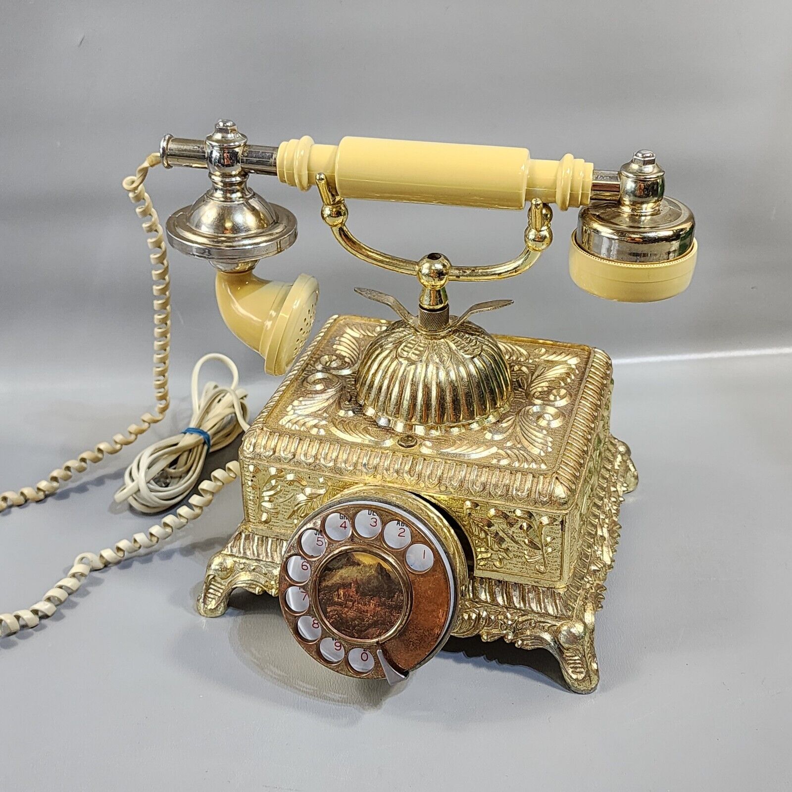 Vintage French Style Rotary Telephone Brass Gold Tone 1970s Prop Decor Phone