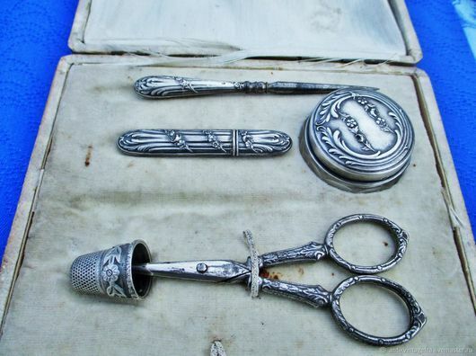 19th Century France Antique Sew Silver Flowers Sewing Kit