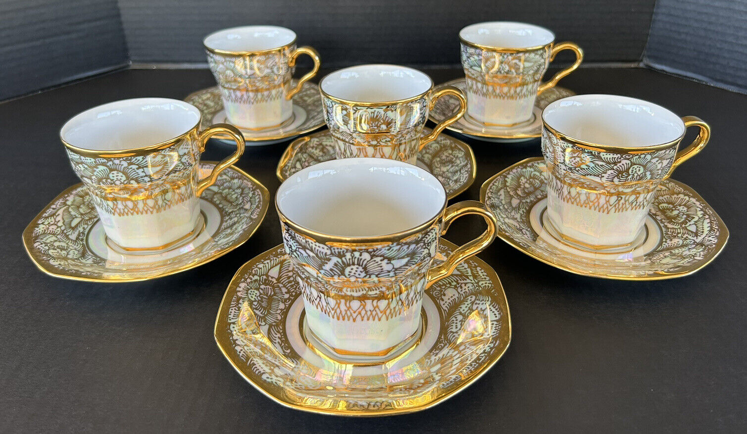 Cups & Saucers Thai Benjarong Porcelain Pattaya Hand Painted 18k Gold Set of 6
