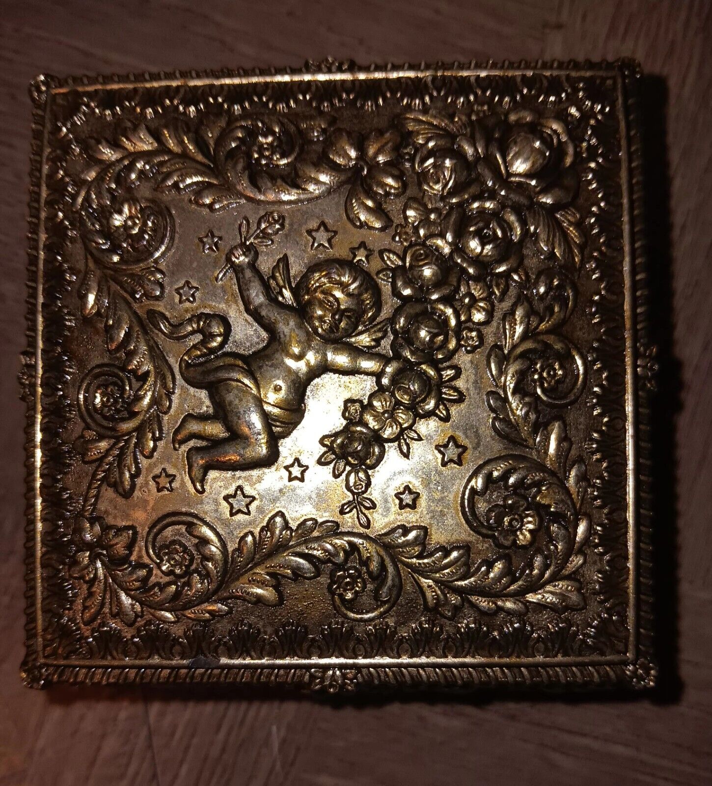  Vintage Silver Footed Jewelry Trinket Box  Angel Raised Pattern Japan  4x4x2