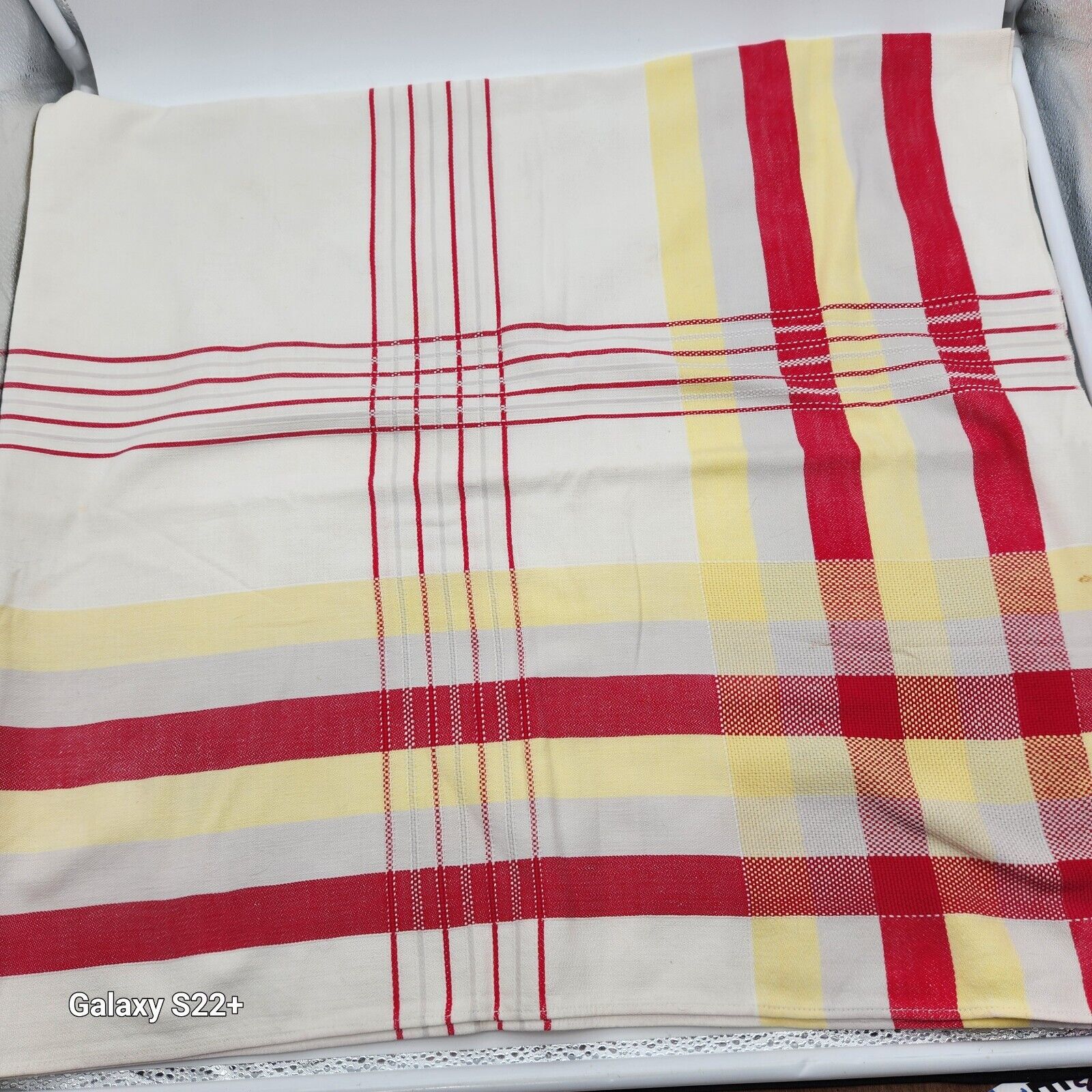 Vintage Simtex Tablecloth White Red Yellow Stripe Plaid Cottage USA 50\
