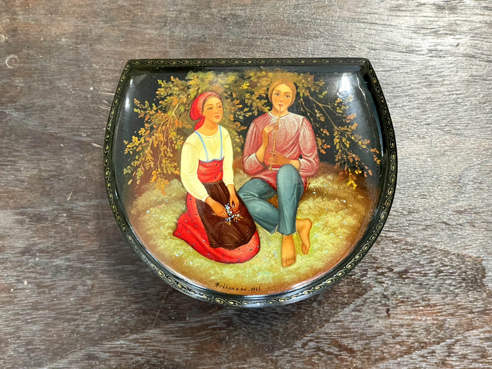 Vintage Antique Fedoskino 1969 Russian Hand-Painted Lacquer Box Two Girls Soviet