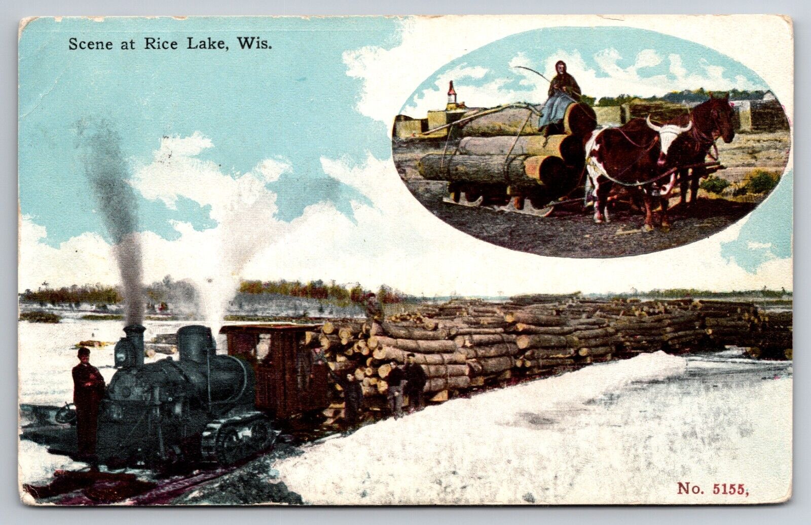 Scene at Rice Lake Wisconsin WI Log Train 1914 Postcard