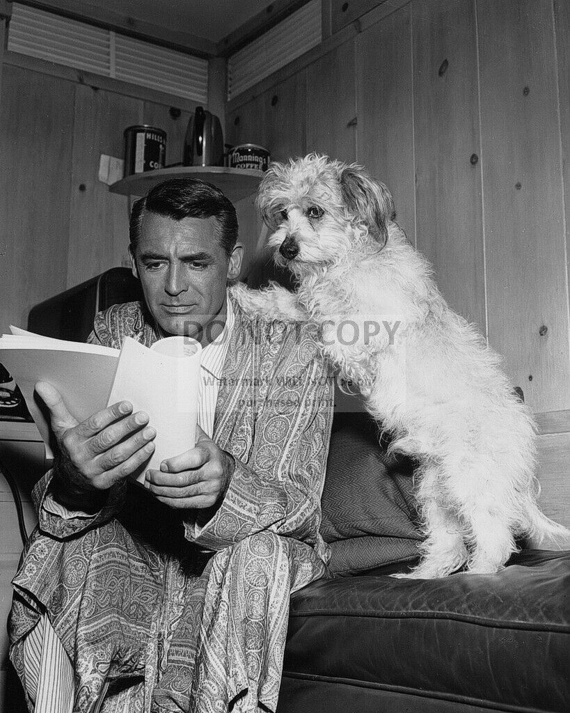 CARY GRANT REVIEWS SCRIPT WITH DOG PAWS ON HIS SHOULDER - 8X10 PHOTO (ZZ-309)