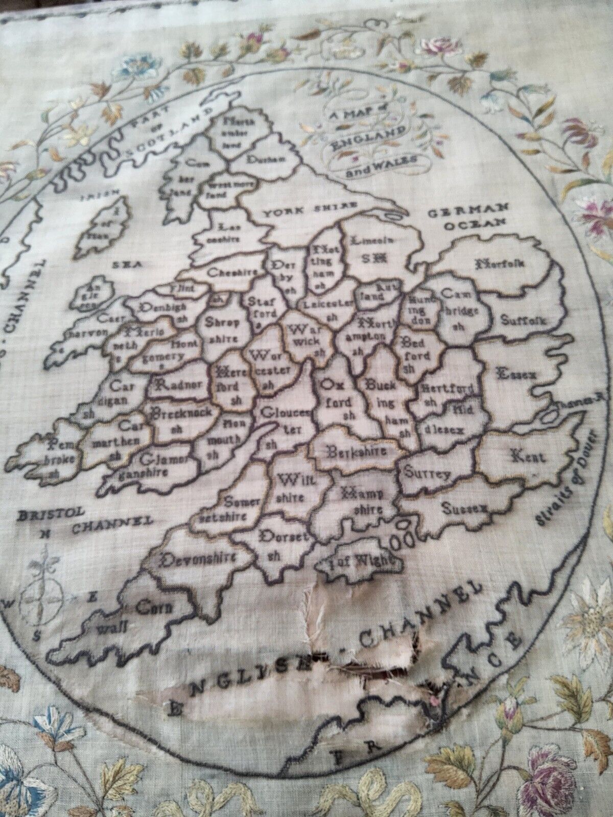 Antique Georgian Map Sampler Needlework Embroidery Louise BURROWS 1834 ,damaged.