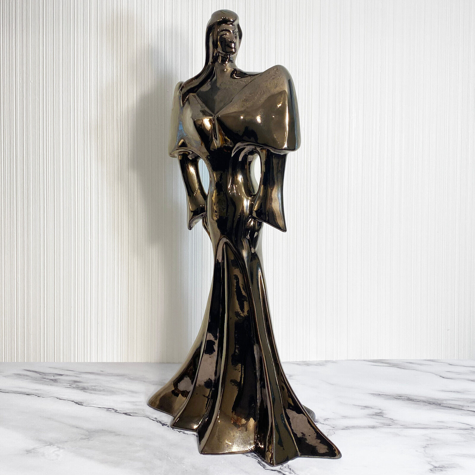 RARE Vintage 80s Neo Deco Tall Ceramic Sculpture of Woman Metallic Bronze Glaze
