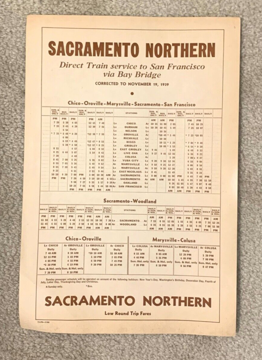 Vintage Sacramento Northern Train Fare Schedule November 1939 Transportation